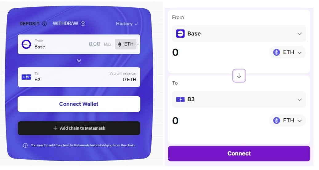 Transferring tokens from Base to B3 (left: official bridge, right: Relay). Source: https://bridge.b3.fun/; https://www.relay.link/