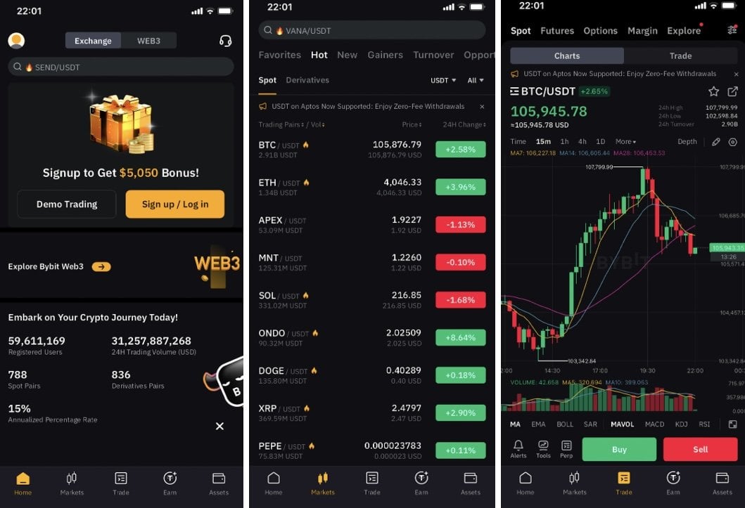 Различные секции в мобильном приложении Bybit 
