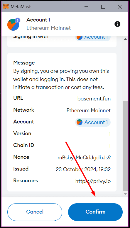 Transaction Confirmation. Source: https://basement.fun/