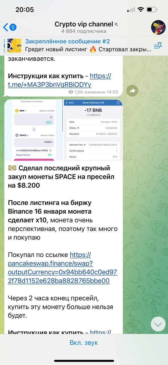 Посты, продвигающие скам-токены, чаще всего выглядят так. Источник: Telegram.