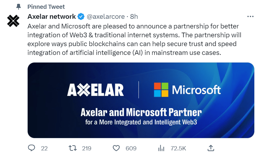 Повідомлення про співпрацю Axelar і Microsoft у Twitter Джерело: Twitter