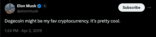 Elon Musk mentioned Dogecoin in an X post in 2019. Source: x.com