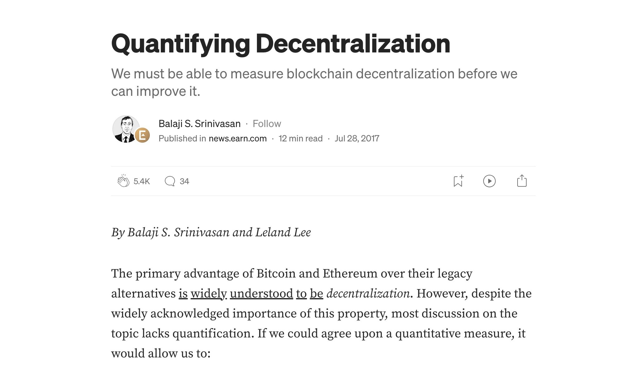 Balaji Srinivasan and Leland Lee proposed the Nakamoto Coefficient  in the “Quantifying Decentralization” article: Source: Medium  