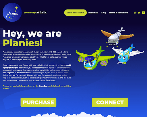NFT Planies — это коллекция мультяшных самолетиков для постоянных клиентов AirBaltic. Источник: planiesnft.com