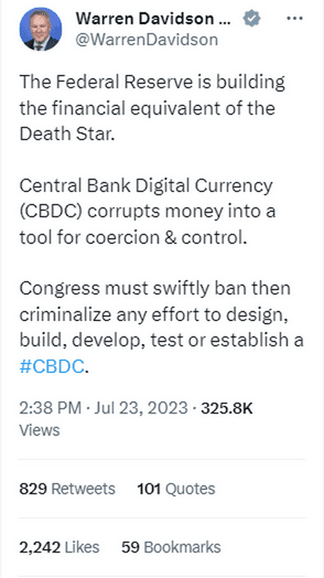 Davidson likened CBDCs to the Death Star. Source: Х