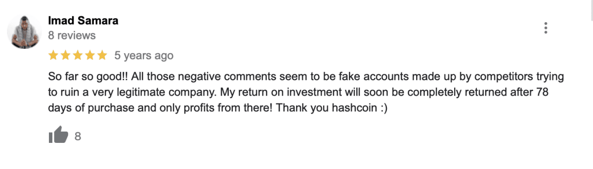 A review of HashCoin. Source: Google Reviews