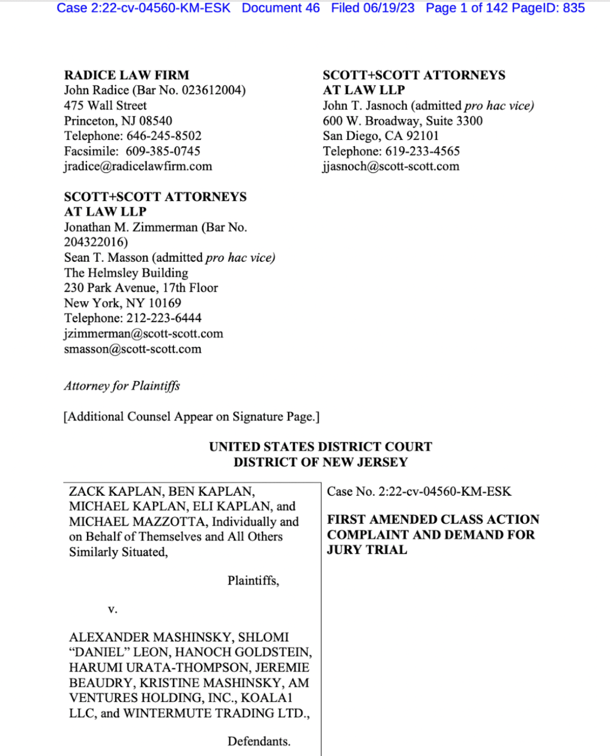  Court filing.  Source: US District Court, District of New Jersey