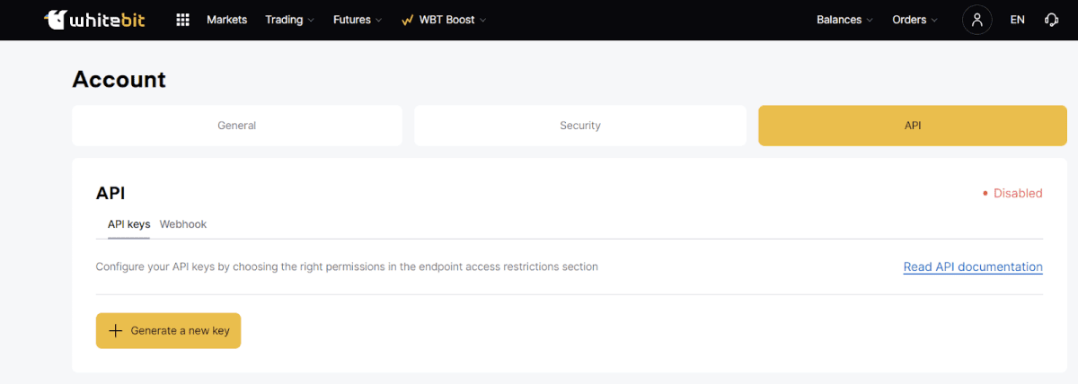 Створення власного API-ключа (WhiteBIT)