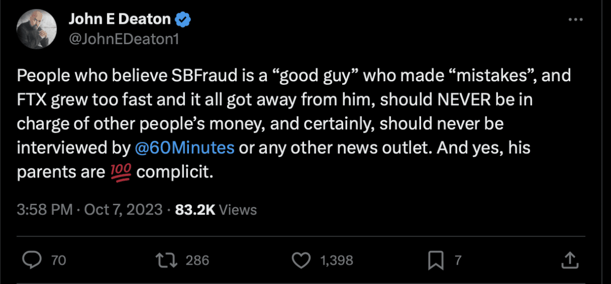 John E Deaton’s tweet. Source: X