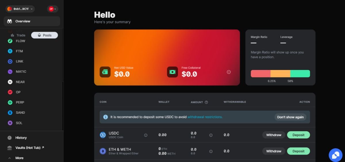 Рабочий интерфейс DEX платформы Perpetual Protocol. Источник: https://app.perp.com/