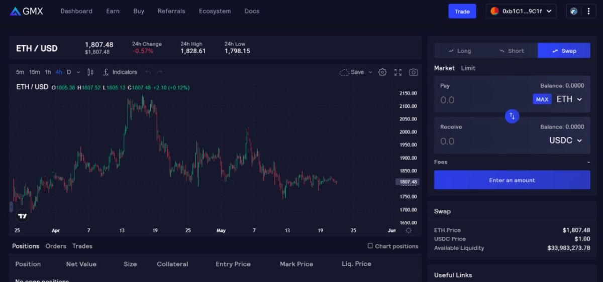 Рабочий интерфейс DEX GMX. Источник: https://app.gmx.io/