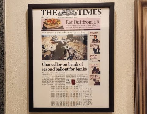 The iconic front page of The Times is now a collector’s item among Bitcoin enthusiasts. Source: www.etsy.com