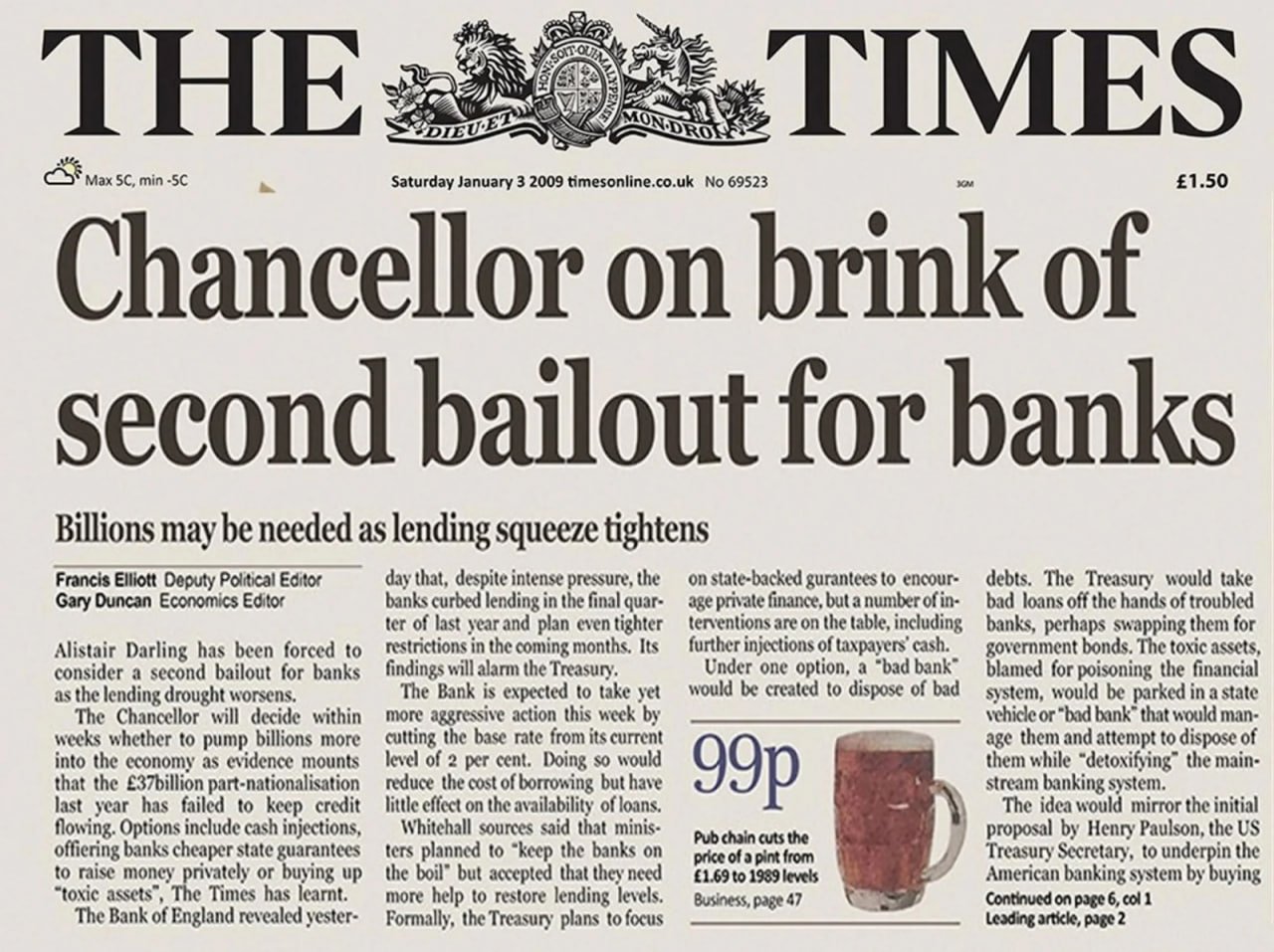 The headline from The Times, as referenced in the Genesis Block. Source: reddit.com