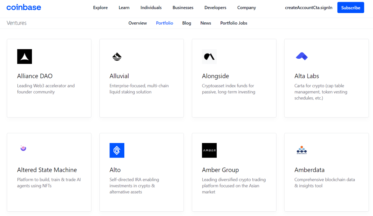 Портфоліо Coinbase Ventures