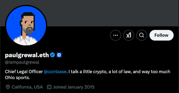 Профіль Пола Грюала (@iampaulgrewal), головного юрисконсульта Coinbase. Джерело: x.com