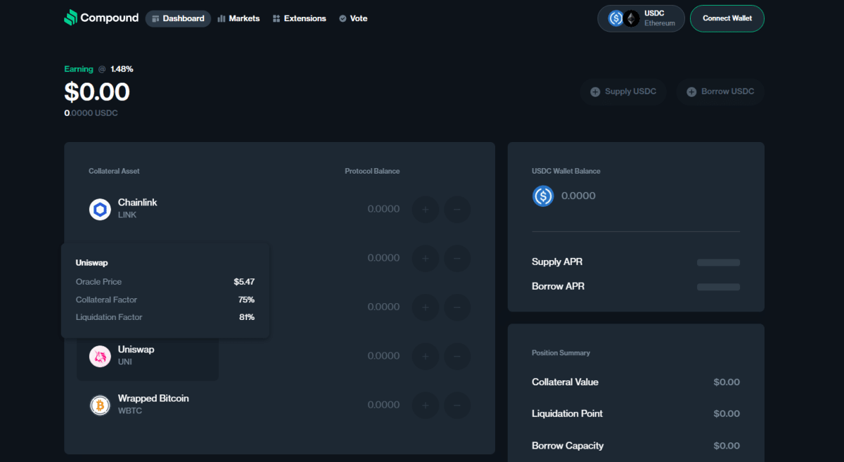 Рабочий интерфейс кредитного протокола Compound