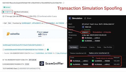 Користувач втратив 143 ETH через спуфінг. Джерело: Х