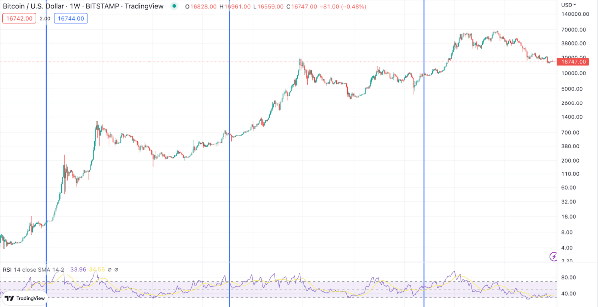 Previous halvings on the Bitcoin chart. Source: tradingview