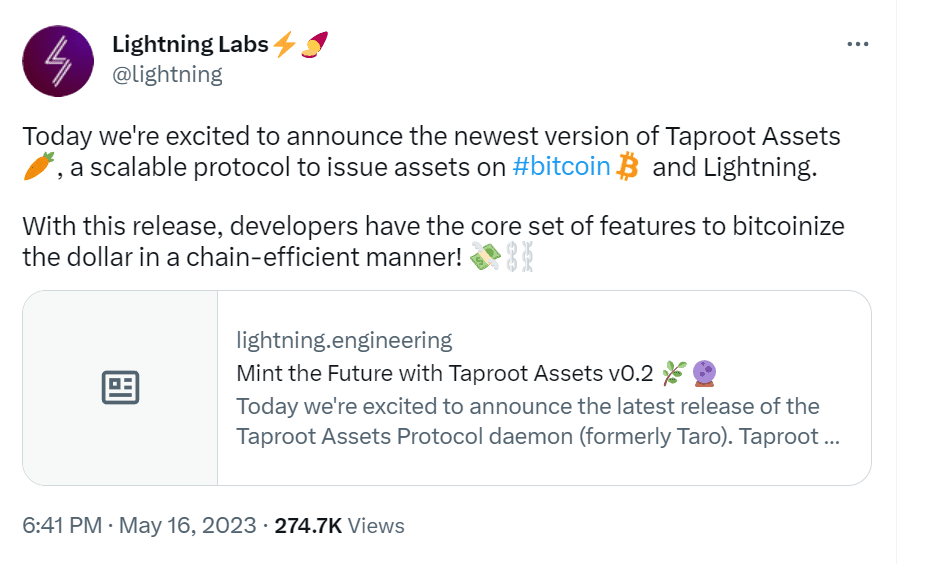 Анонс Taproot Assets v0.2. Источник: Twitter 