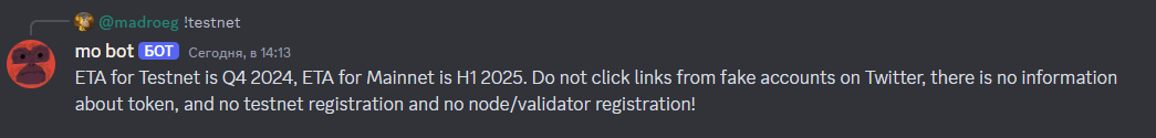 Mo bot’s announcement about Monad’s testnet and mainnet timelines. Source: discord.com