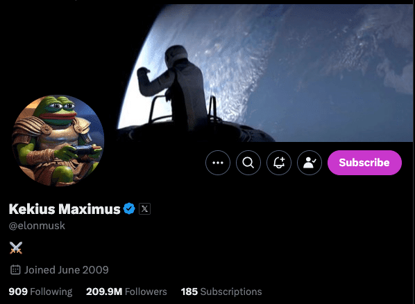Elon Musk changed his X profile name to "Kekius Maximus." Source: x.com