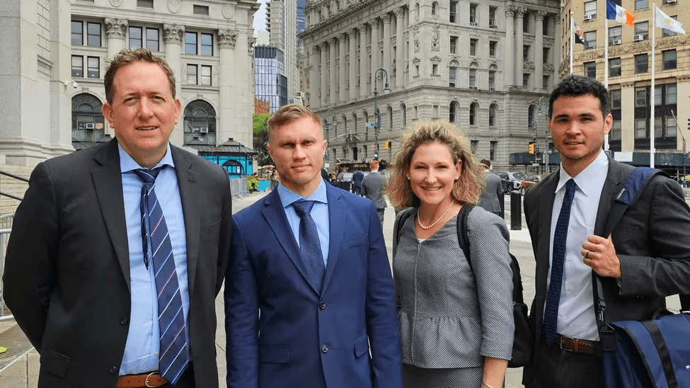 Roman Storm (second from the right) with his legal counsel outside a New York courthouse. Source: coindesk.com