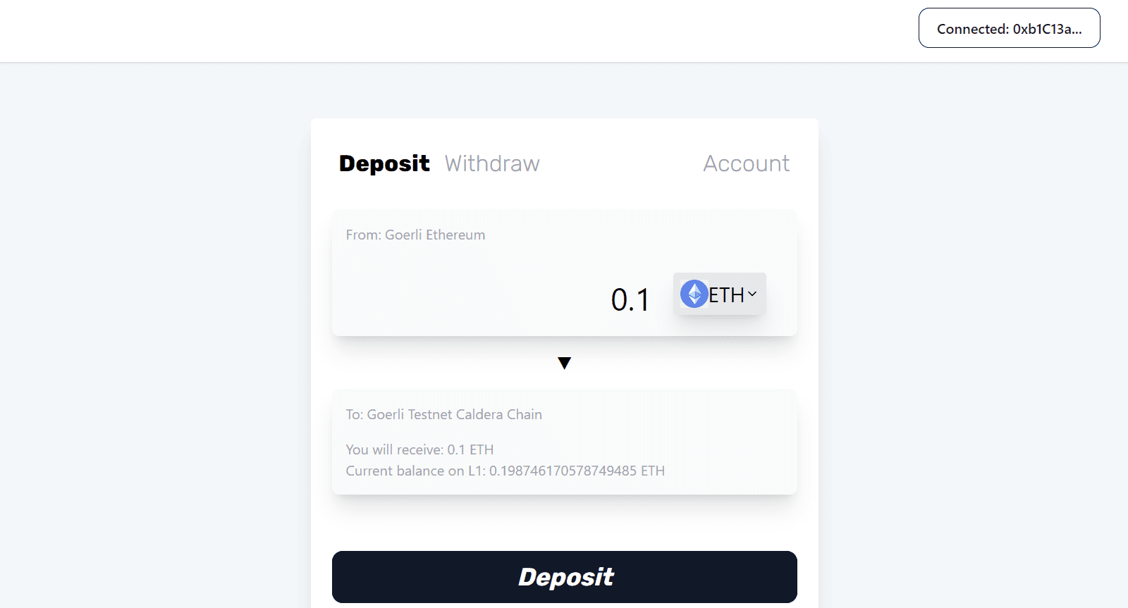 Caldera test application interface. Source: eth-goerli-testnet.calderabridge.xyz