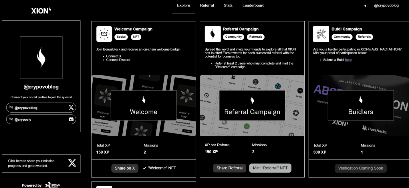 XION testnet homepage. Source: xion.bonusblock.io