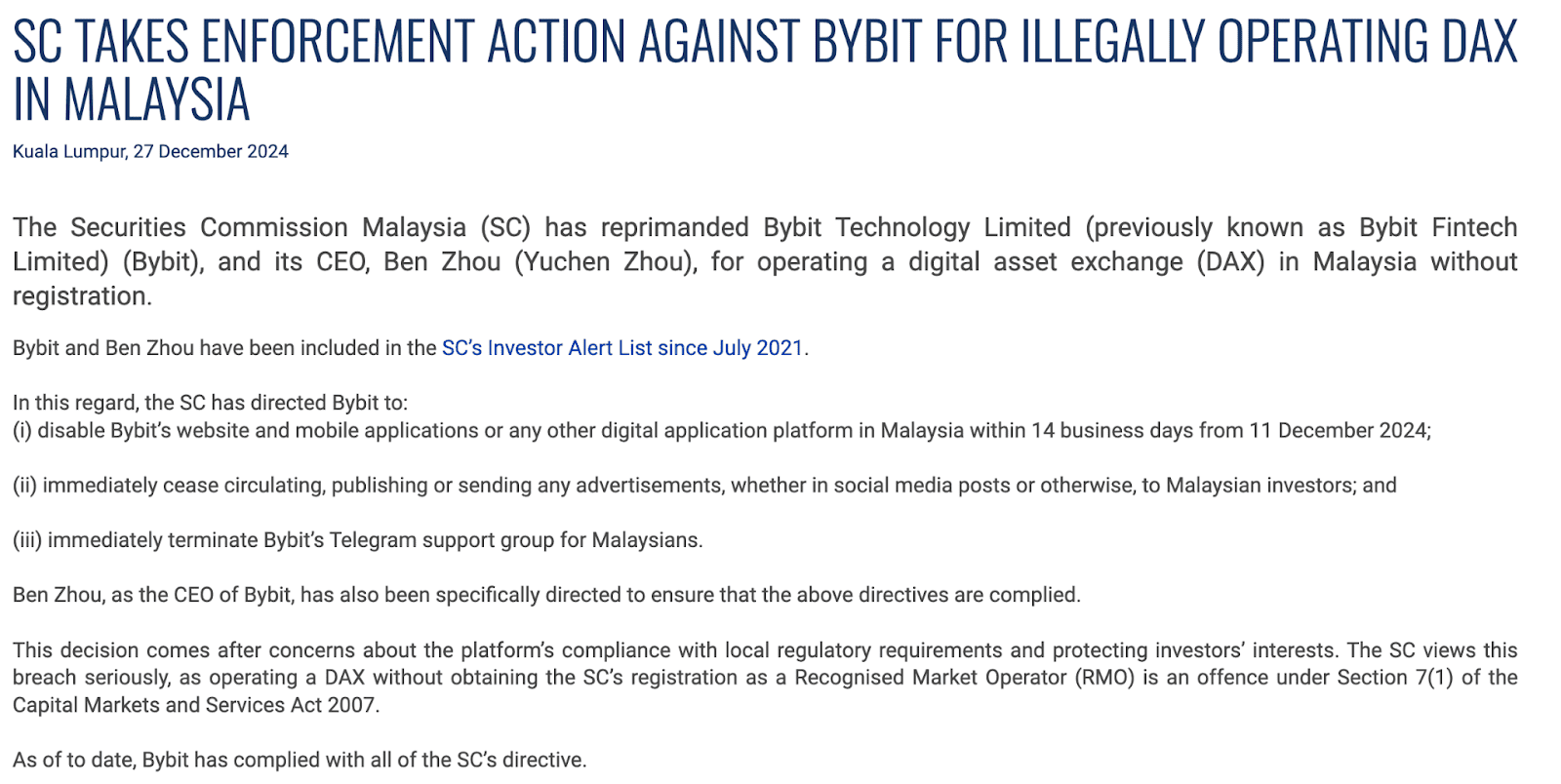 Предписание для Bybit Источник: sc.com.my