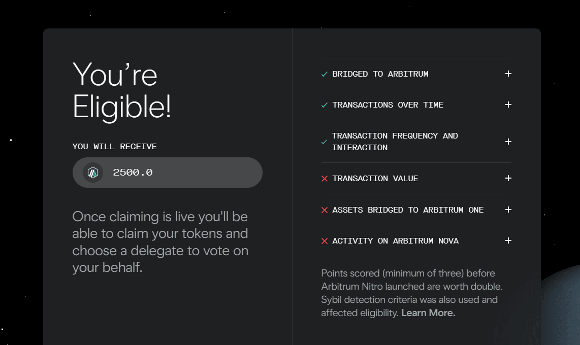 Airdrop eligibility notification will appear as follows. Source: arbitrum.foundation