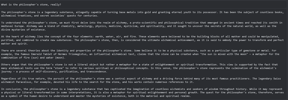 A sample response from Mistral Trismegistus-7B. Source: The official language model page on Hugging Face.