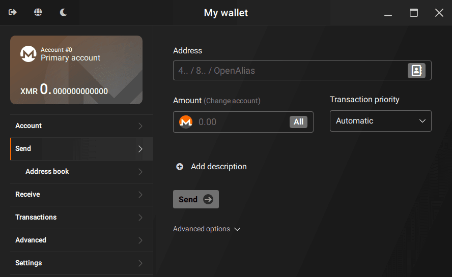 Вигляд оригінального десктопного гаманця Monero GUI Wallet
