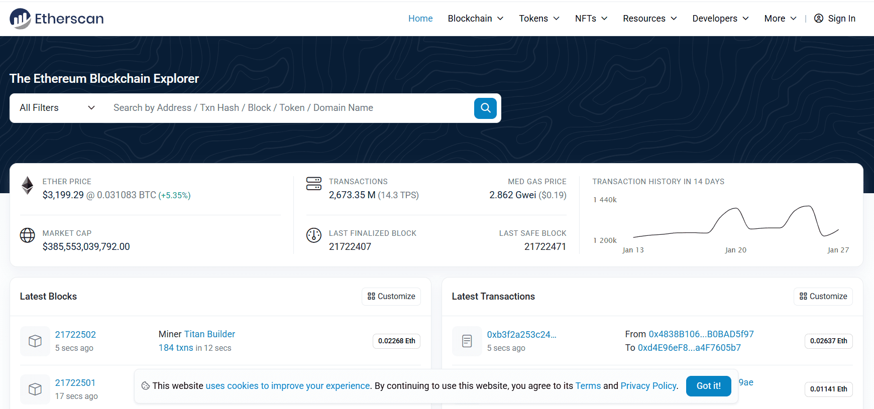 Головна сторінка Etherscan — блокчейн-експлорера Ethereum. Джерело: https://etherscan.io/