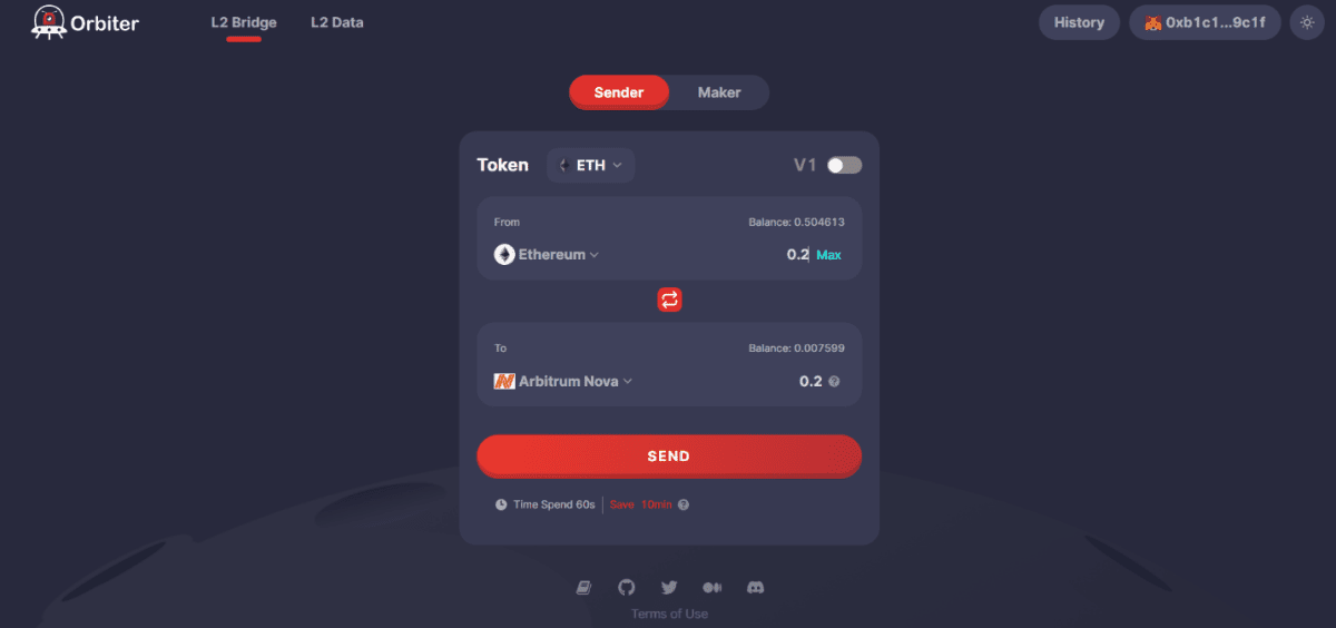 Orbiter cross-chain bridge user interface