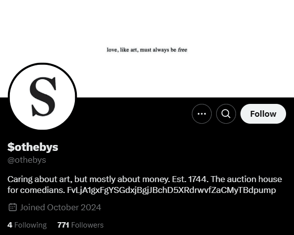 Описание X-аккаунта $othebys: «Заботится об искусстве, но в основном о деньгах. Эст. 1744. Аукционный дом для комедиантов»