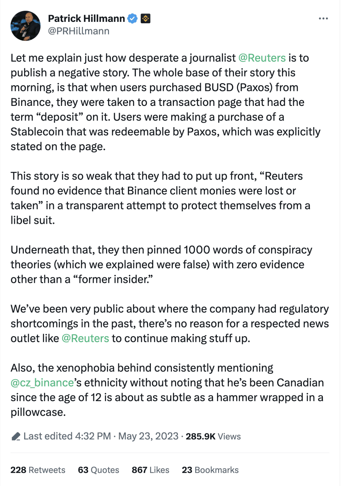 Hillmann denies all the facts cited in the investigation. Source: Twitter
