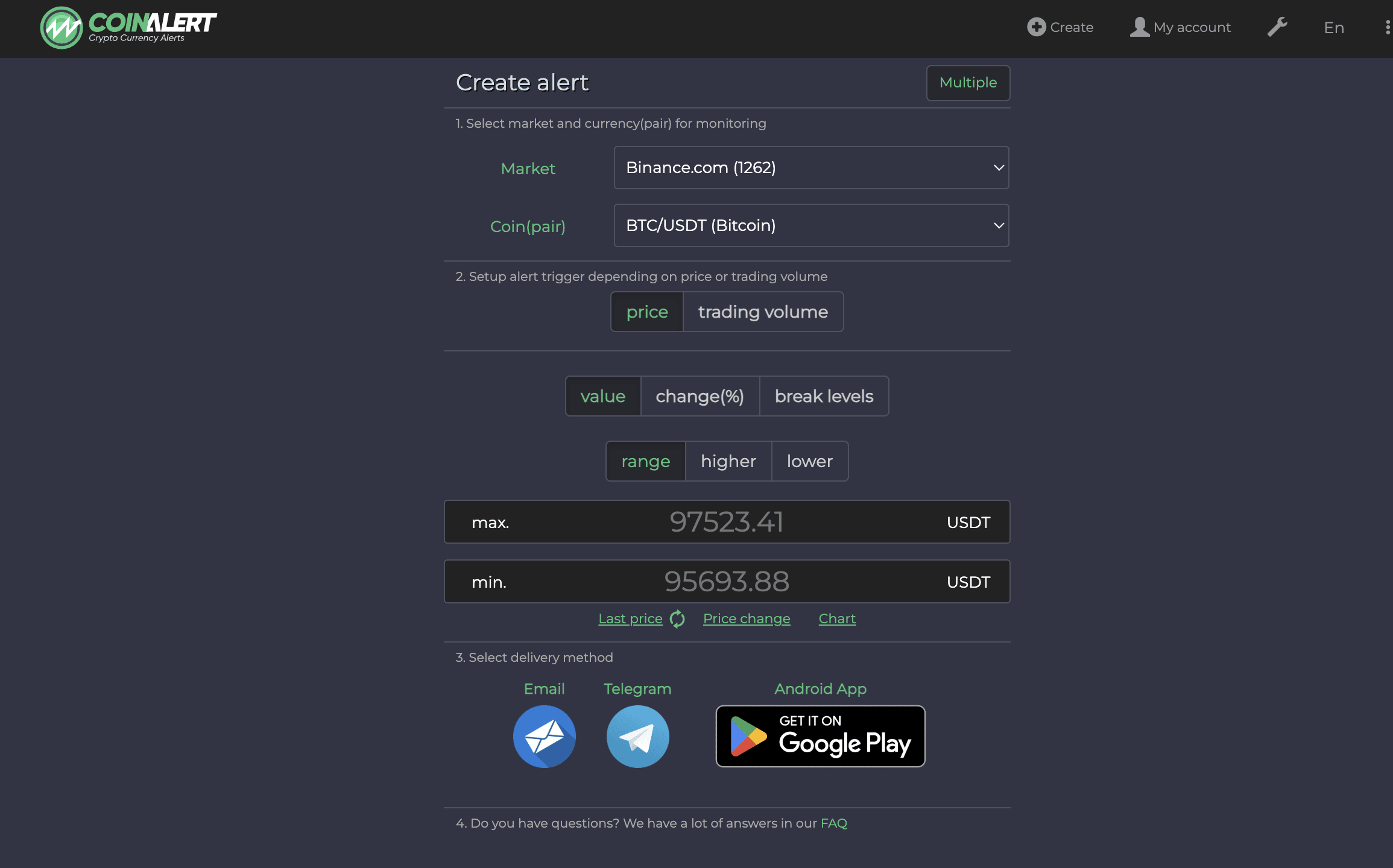Coinalert имеет очень простой интерфейс. Источник: coinalert.me