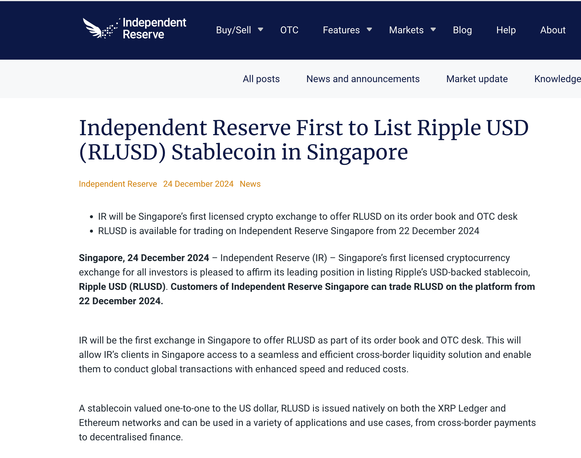 Press Release on RLUSD. Source: independentreserve